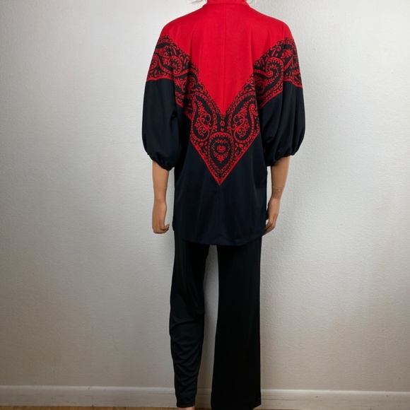 Vintage 70s Miss Shaheen Pant Set Medium Bold Red & Black Tunic Wide Leg Pants - Picture 8 of 13